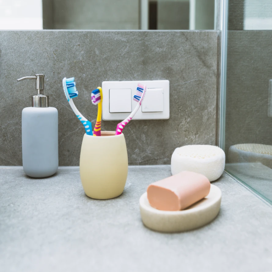 soap toothbrushes shelf.