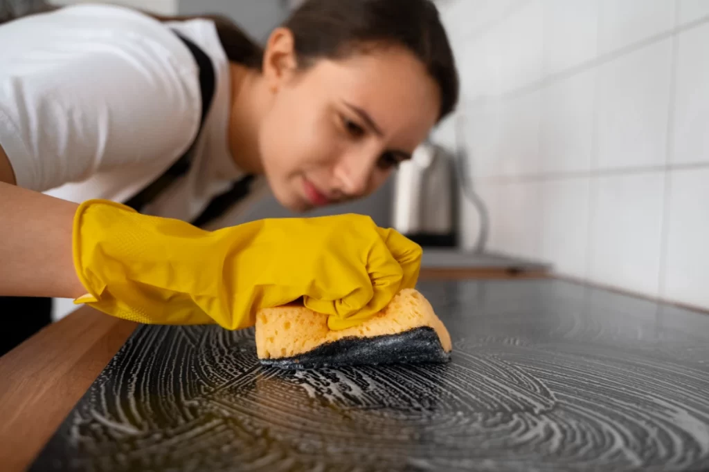 Medium shot woman deep cleaning home